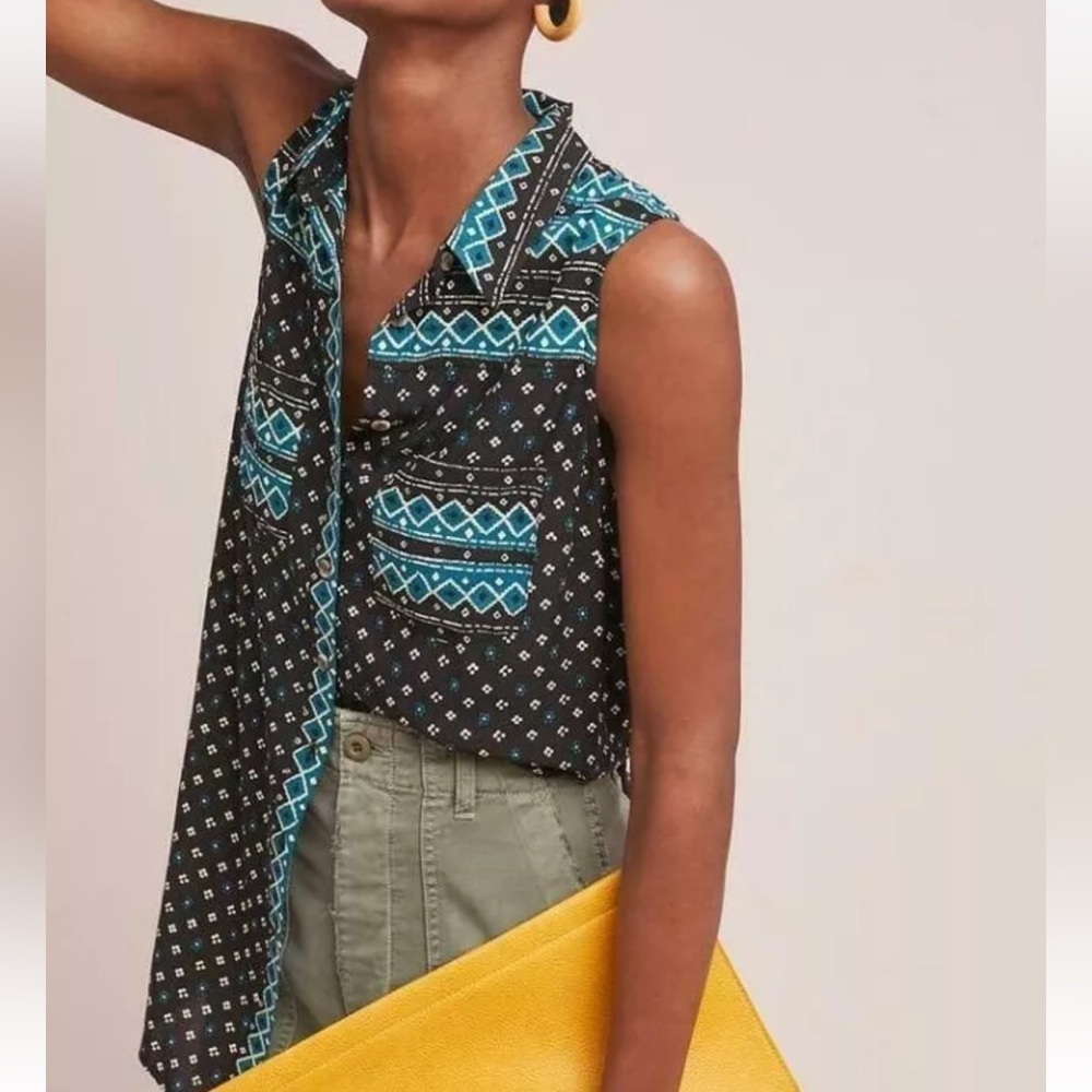 Anthropologie Akemi + Kin Blue Geometric Ira Printed Tunic Front Pockets Sz S